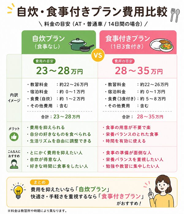 自炊・食事付きプラン費用比較