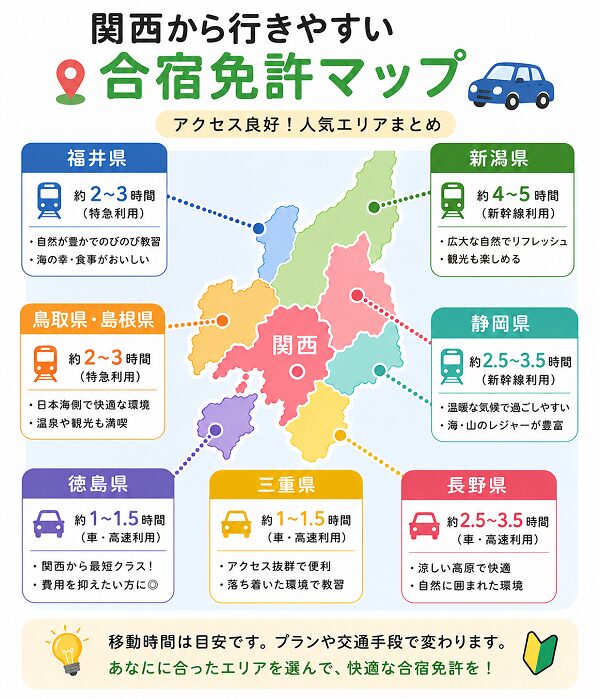 関西から行きやすい合宿免許マップ