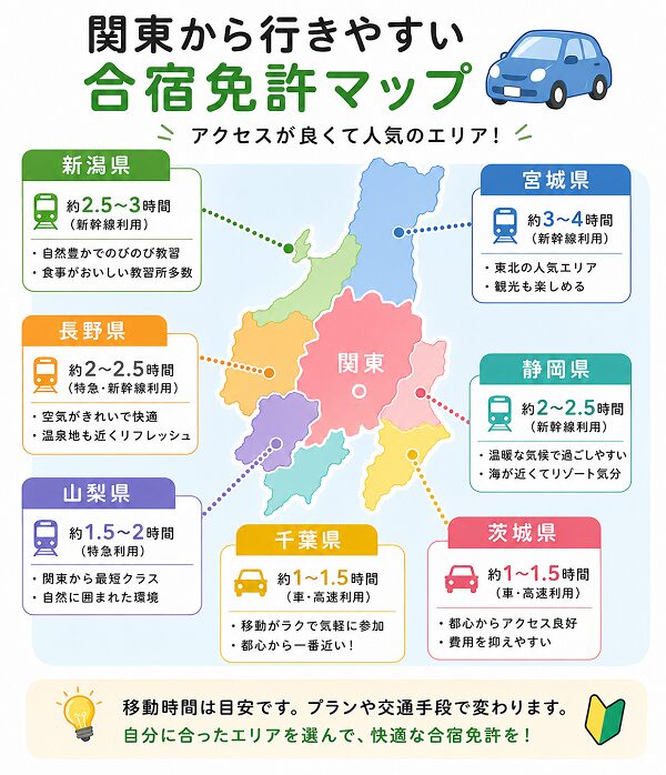 関東から行きやすい合宿免許マップ