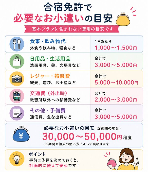 合宿免許で必要なお小遣いの目安
