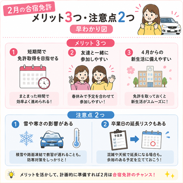 2月の合宿免許「メリット3つ・注意点2つ」早わかり図