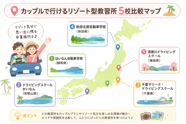 カップルで行けるリゾート型教習所5校比較マップ
