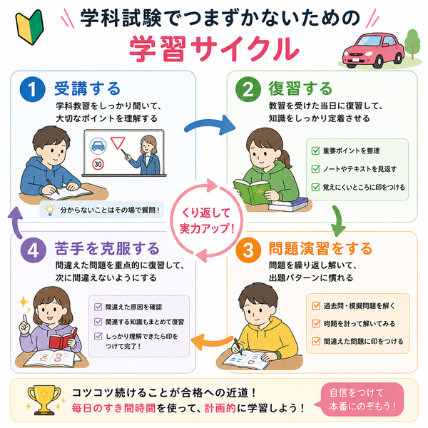 学科試験でつまずかないための「受講→復習→問題演習→苦手克服」学習サイクル図