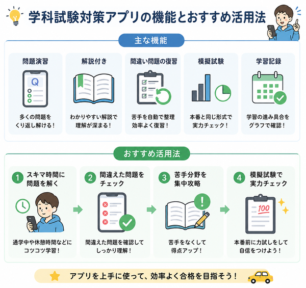 学科試験対策アプリの機能とおすすめ活用法
