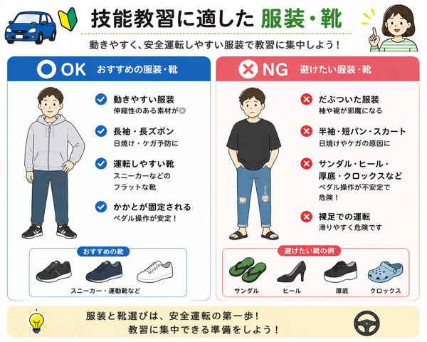 技能教習に適した「服装・靴」OK/NG比較図