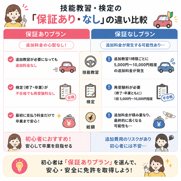 技能教習・検定の「保証あり・なし」の違い比較図