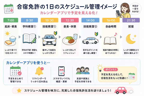 合宿免許の1日のスケジュール管理イメージ