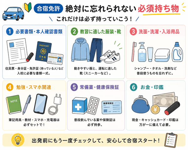 合宿免許の「絶対に忘れられない必須持ち物」早見図