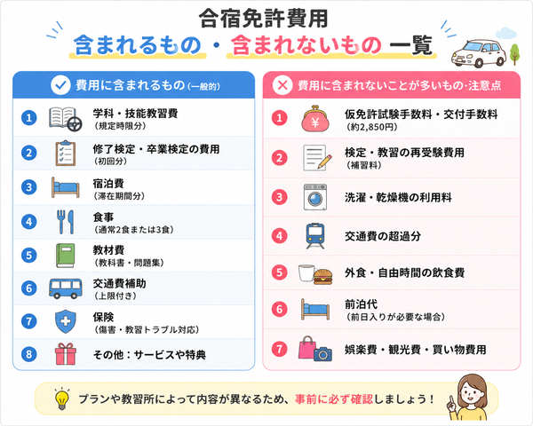 合宿免許費用「含まれるもの・含まれないもの」一覧図