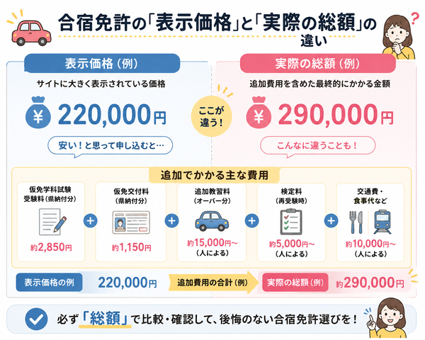 合宿免許の「表示価格」と「実際の総額」の違い