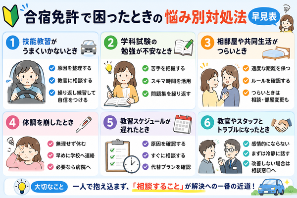 合宿免許で困ったときの「悩み別対処法」早見表