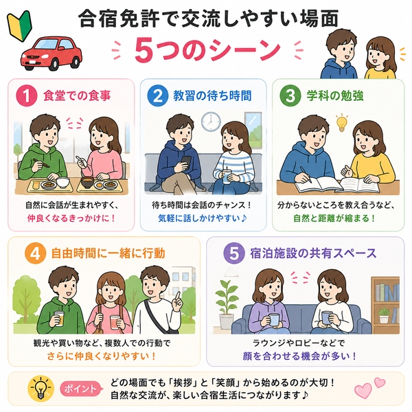 食堂・待ち時間・勉強・共有スペースなど「交流しやすい場面」まとめ図