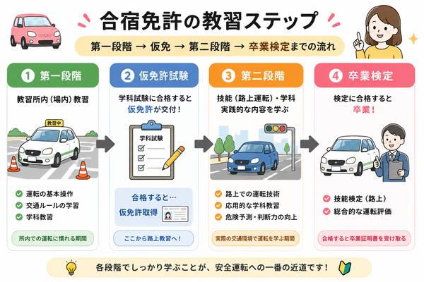 第一段階→仮免→第二段階→卒業検定の教習ステップ図