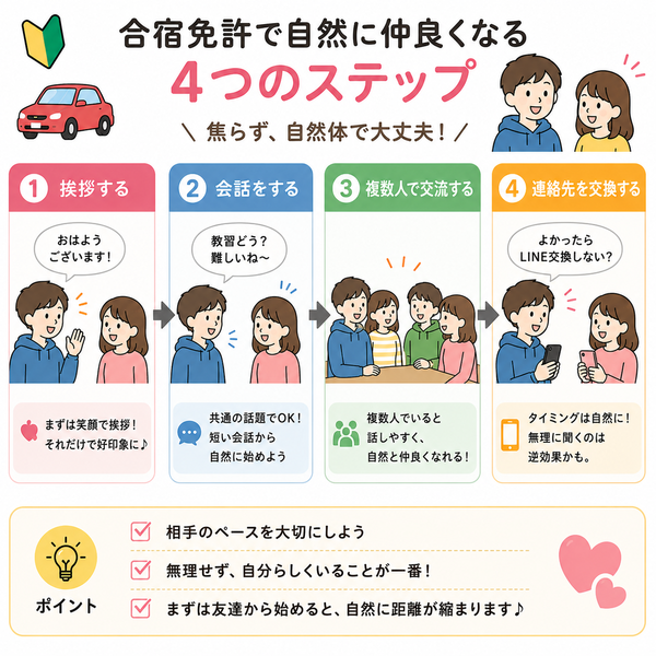 合宿免許で自然に仲良くなるための「挨拶→会話→複数人交流→連絡先交換」流れ図