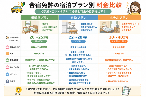 合宿免許の宿泊プラン別「相部屋・自炊・ホテル」料金比較図