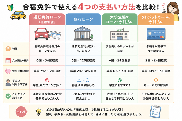 合宿免許で使える「運転免許ローン・銀行ローン・大学生協・クレジットカード」4つの支払い方法比較図