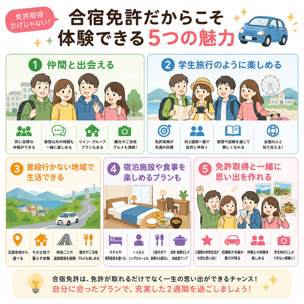 合宿免許だからこそ体験できる5つの魅力まとめ図