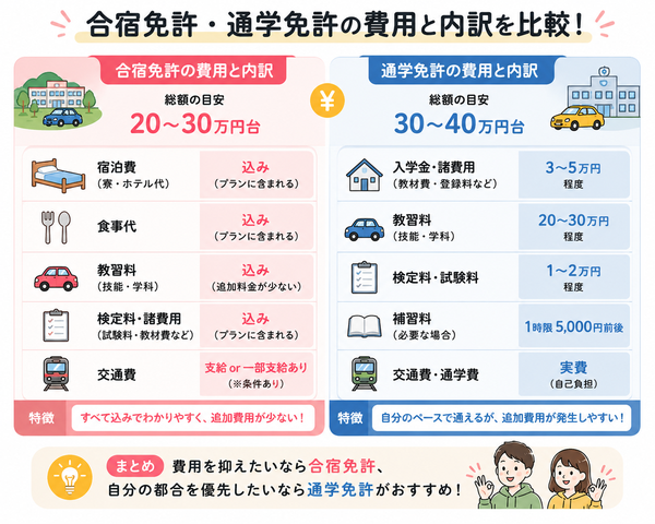 合宿免許・通学免許の費用と内訳比較図