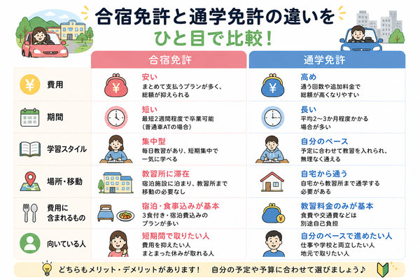 合宿免許と通学免許の違いをひと目で比較