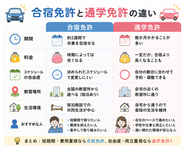 合宿免許と通学免許の違い比較図