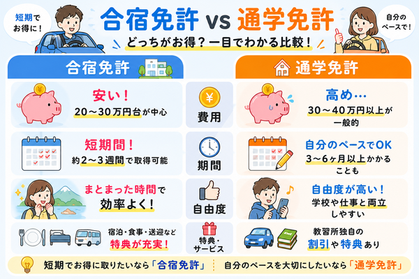 合宿免許と通学免許の違いが一目でわかる総合比較図