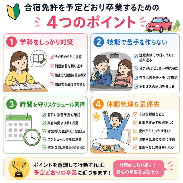 合宿免許を予定どおり卒業するための「学科・技能・時間管理・体調管理」4ポイント図