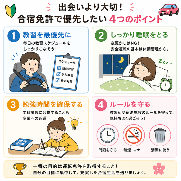 出会いより大切!合宿免許で優先したい「教習・睡眠・勉強・ルール」の4ポイント図