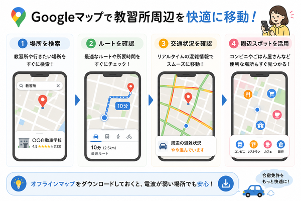 Googleマップで教習所周辺を快適に移動する活用イメージ