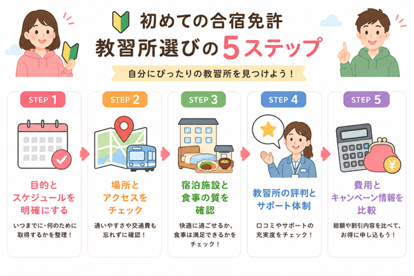 初めての合宿免許|教習所選びの5ステップ