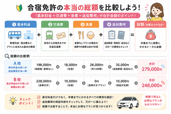 合宿免許の本当の総額を比較する「基本料金+交通費+食費+追加費用」図解