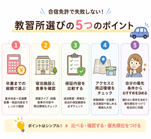 合宿免許で失敗しない教習所選び「5つのポイント」早見図