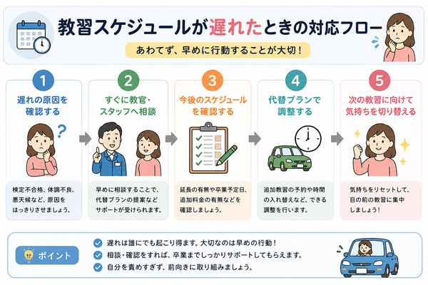 教習スケジュールが遅れたときの対応フロー