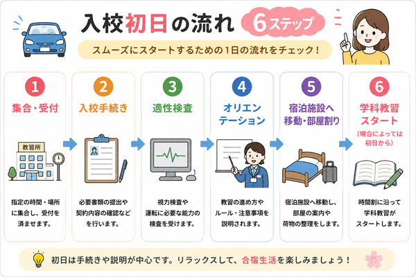 入校初日の流れ6ステップ図