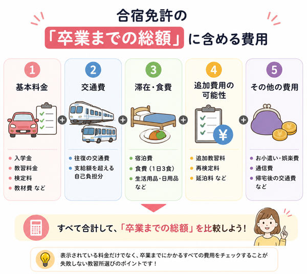 合宿免許の「卒業までの総額」に含める費用の内訳図