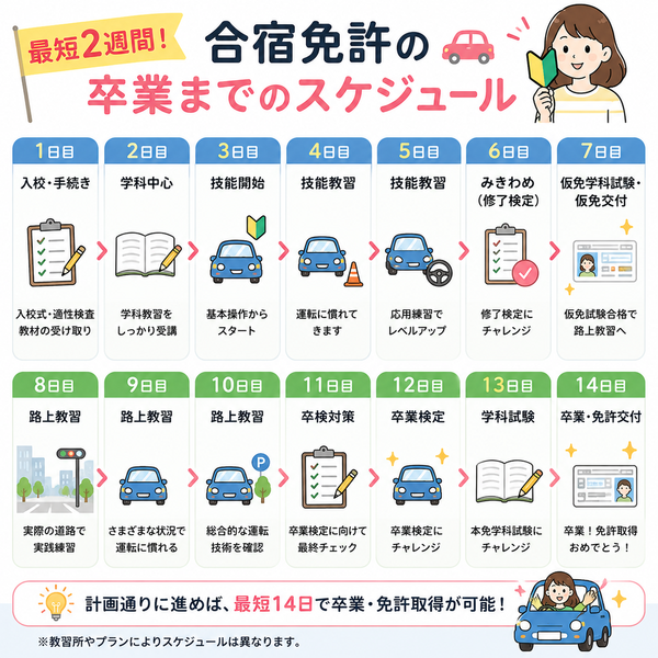 最短2週間!合宿免許の卒業までのスケジュール図