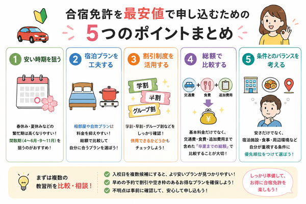 合宿免許を最安値で申し込むための5つのポイントまとめ