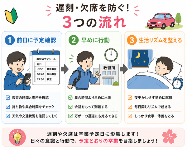 遅刻・欠席を防ぐ「前日に予定確認→早めに行動→生活リズムを整える」流れ図