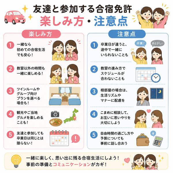 友達と参加する合宿免許の楽しみ方・注意点図