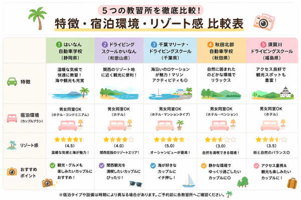 5つの教習所の特徴・宿泊環境・リゾート感比較表